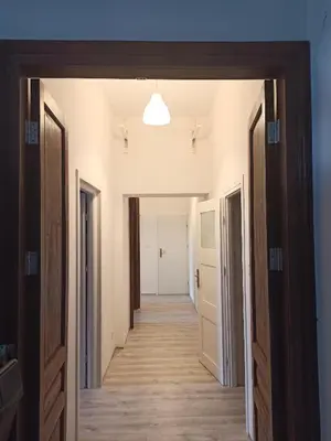 a hallway of an apartment with wooden floors and a light fixture at Evergreen Hostel Krakow in Kraków