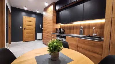 a kitchen with a table with a potted plant on it at Wrocławska Two Bedroom Apartment in Kraków