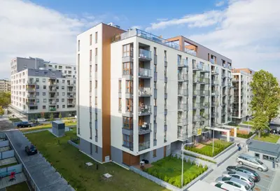 an overhead view of a building with a parking lot at Wrocławska Two Bedroom Apartment in Kraków