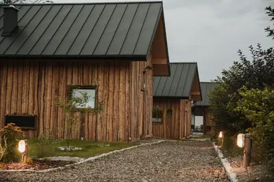 a wooden house with a black roof at Rogate Domki in Zasań