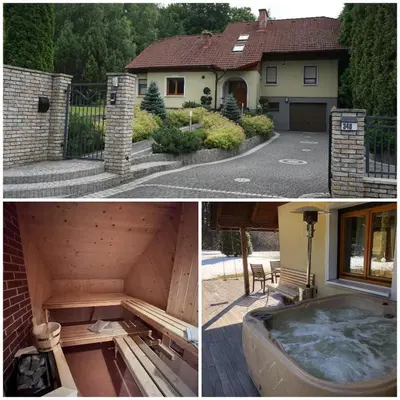 two pictures of a house with a hot tub at Villa Barwald in Barwałd Górny