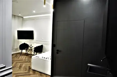 a black and white room with a television and a door at Luxury Jacuzzi Apartment in Kraków