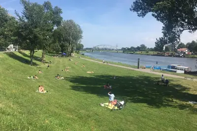 a group of people laying in the grass near a river at Hidden Gem Garden in Kraków