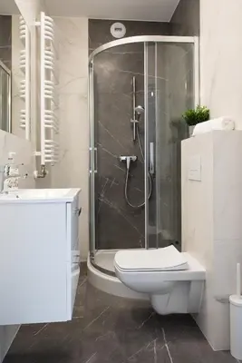 a bathroom with a shower and a toilet and a sink at Estella Apartment in Kraków