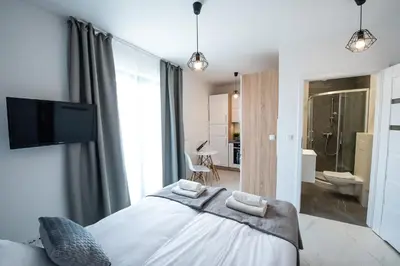 a bedroom with a bed and a tv and a bathroom at Estella Apartment in Kraków
