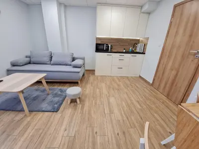 a living room with a couch and a table at Apartament Łąki18 in Wadowice
