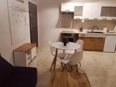 a kitchen with a table and chairs in a kitchen at Apartament Źródełko in Bochnia