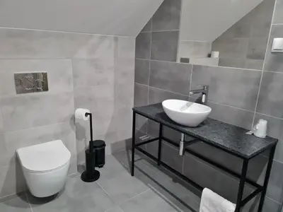 a bathroom with a sink and a toilet at Hotel Savana in Kłaj