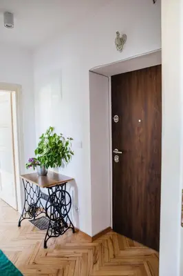 a table with a plant on it next to a door at Cosy Apartment 2 in Kraków