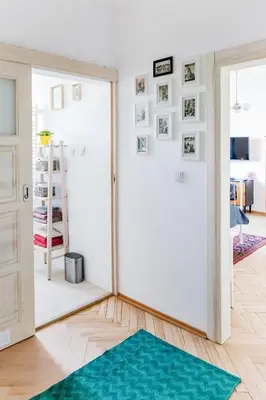 a room with a door and a green rug at Cosy Apartment 2 in Kraków