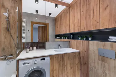 a bathroom with a washing machine and a sink at Prestigious Residence with Garden, Garage, and Elegant Rooms in Kraków