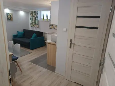 a living room with a door leading into a kitchen at Studio Familly-nocleg-Zator- Wadowice-Oświęcim-Kraków in Bachowice