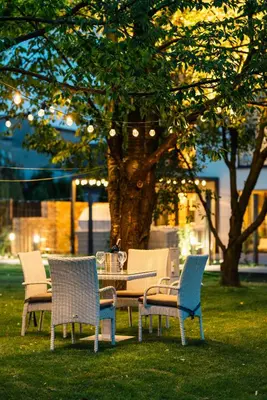 a table and chairs in the grass near a tree at H&G Boutique Apartments in Oświęcim