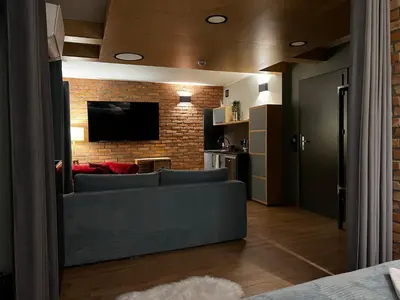 a living room with a couch and a brick wall at H&G Boutique Apartments in Oświęcim