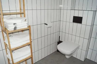 a bathroom with a toilet and a shelf with towels at Apartamenty Black Lion in Pcim