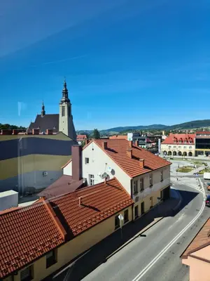 a view of a city with a church and roofs at Apartament Limanowa Rynek in Limanowa