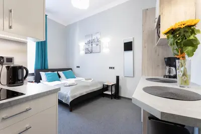 a small room with a bed and a kitchen at DAVE Elegant Apartments KRAKÓW Old Town in Kraków
