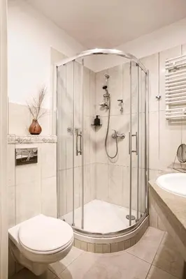 a bathroom with a shower and a toilet and a sink at Charming Apartment, Wawel & Old Town Krakow in Kraków