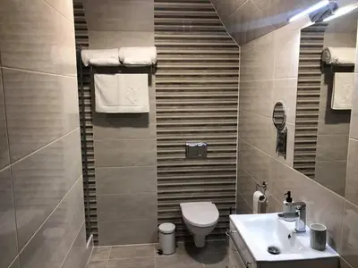 a small bathroom with a toilet and a sink at Zajazd Podzamcze in Olkusz