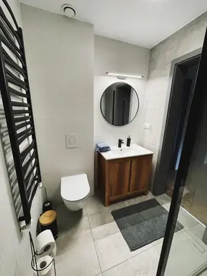 a bathroom with a toilet and a sink and a mirror at Apartamenty Pod Kątami in Kamienica