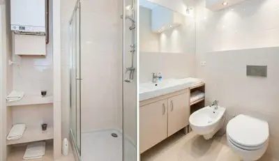 two pictures of a bathroom with a toilet and a shower at Apartment Świetego Tomasza in Kraków