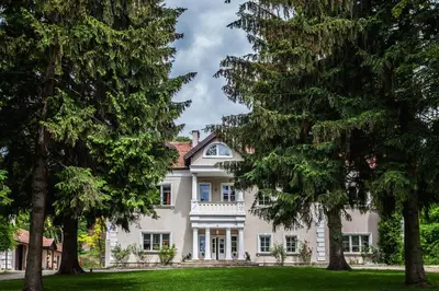a large white house with trees in the foreground at Dwór w Odonowie in Odonów