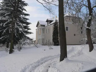a white house in the snow with a tree at Dwór w Odonowie in Odonów