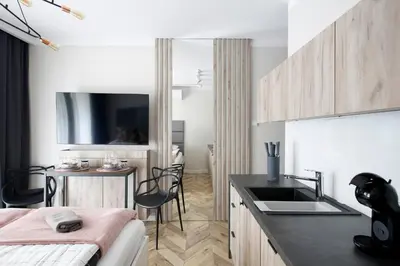 a kitchen with a sink and a counter top at Partnerapart Rakowicka 14 in Kraków