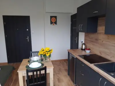 a kitchen with black cabinets and a table with flowers on it at Orange Apartament in Wadowice