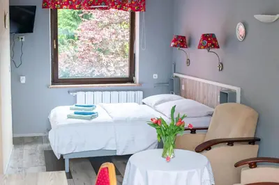 a bedroom with two beds and a table and a window at Miodowy Raj in Targanice
