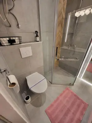 a bathroom with a shower and a toilet and a sink at Moti Apartments in Kraków