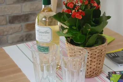 a bottle of wine and a potted plant and glasses at Stay in the Heart of Kraków in Kraków