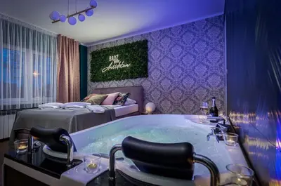 a room with a bath tub and a bed at Exclusive Apartment Centrum 2 in Wadowice
