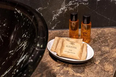 two bottles of honey and a plate with a napkin at Exclusive Apartment Centrum 2 in Wadowice