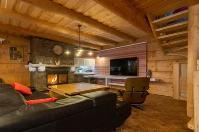 a living room with a couch and a fireplace at Willa Sołdrówka in Kocierz Rychwałdzki