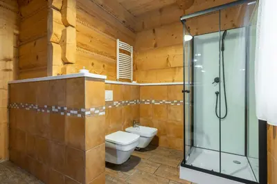 a bathroom with a toilet and a glass shower at Willa Sołdrówka in Kocierz Rychwałdzki