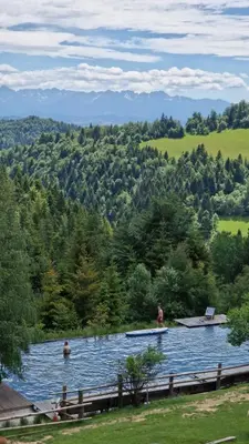 two people are swimming in a lake with trees at Górna Chata Mountains Chalet - Stable Cottage in Ochotnica Górna