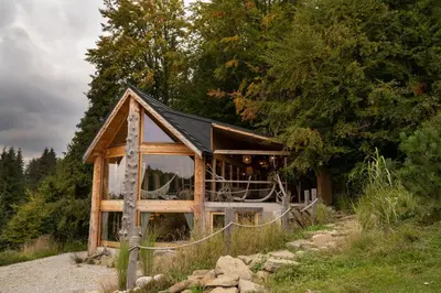 a small wooden house with a black roof at Górna Chata Mountains Chalet - Stable Cottage in Ochotnica Górna