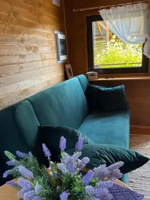 a blue couch in a living room with a window at Lawendowy Domek TP in Sułkowice