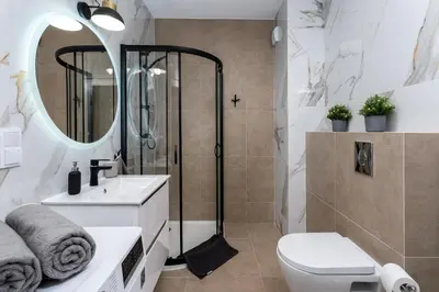 a bathroom with a shower and a toilet and a sink at Dąbska Street Krakow - Luxury Apartments in Kraków