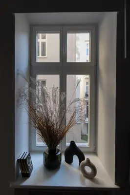 a window with a vase and a plant on a shelf at LION apartments - Premium STUDIO with BALCONY in Kraków
