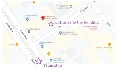 a map of entrance to the building tram stop at Apartament on Kazimierz in Kraków