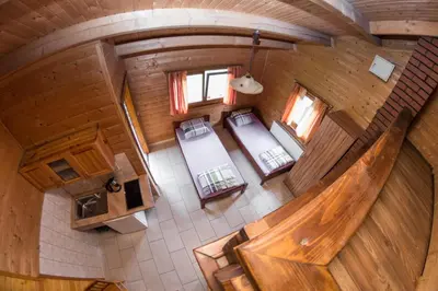 an overhead view of a kitchen in a log cabin at Noclegi-Dobczyce in Dobczyce