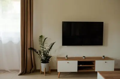 a living room with a flat screen tv on a wall at Apartament Słoneczna Rapsodia - blisko Parku Zdrojowego - piękny widok - ogród - taras in Rabka