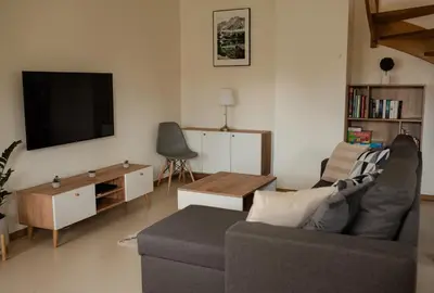 a living room with a couch and a tv at Apartament Słoneczna Rapsodia - blisko Parku Zdrojowego - piękny widok - ogród - taras in Rabka