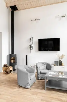 a living room with two couches and a tv at Babiogórska Perełka w skandynawskim stylu z sauną i kominkiem in Jordanów