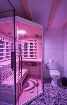 a pink bathroom with a shower and a toilet at Stylish Apartment Kraków - Old Town in Kraków