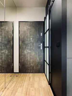 a hallway with two glass doors and a wooden floor at Apartment next to Cracow Eye, Vistula Boulevards in Kraków