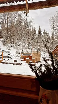 a view of a snow covered yard from a window at Domek w Górach- Bacówka u Dudka in Nowy Targ