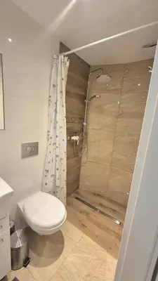 a bathroom with a toilet and a shower with a shower curtain at Topolowa Apartament z klimatem- Topolowa/Rynek/PKP in Kraków